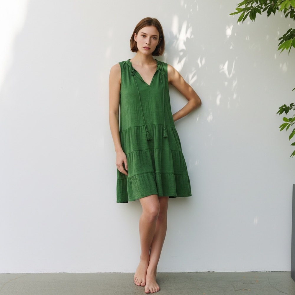 Max Studio Green Tiered Boho Chic Tassel Dress M Sleeveless Resort Casual